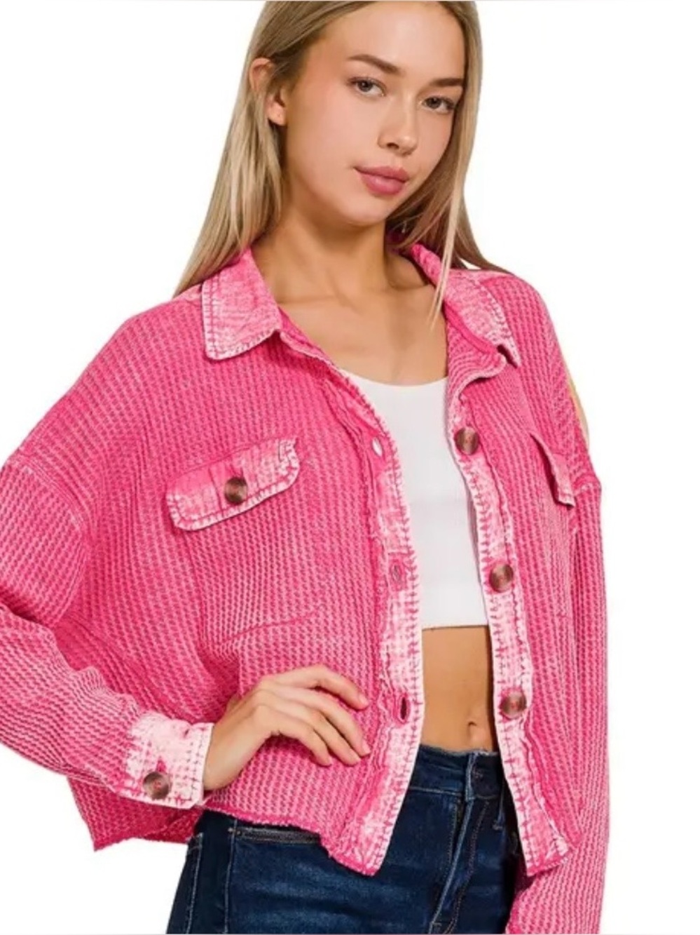 Zenana Outfitters Hot Pink Waffle-Knit Button Front Long Sleeve Shacket Sz S/M